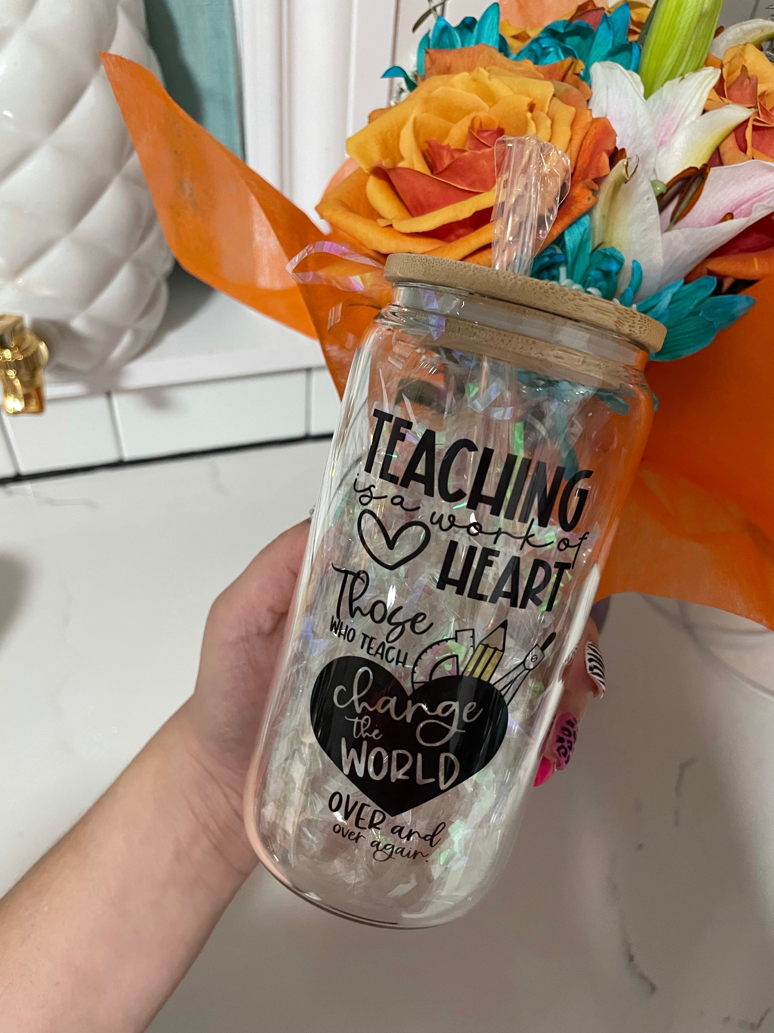Teacher’s glass cup.